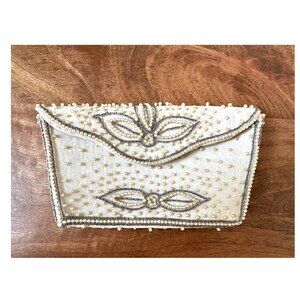 Vintage Hand-Beaded Clutch, Ecru